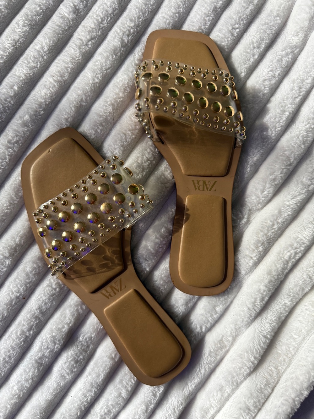 Zara Tan Slides with Clear Studded Strap